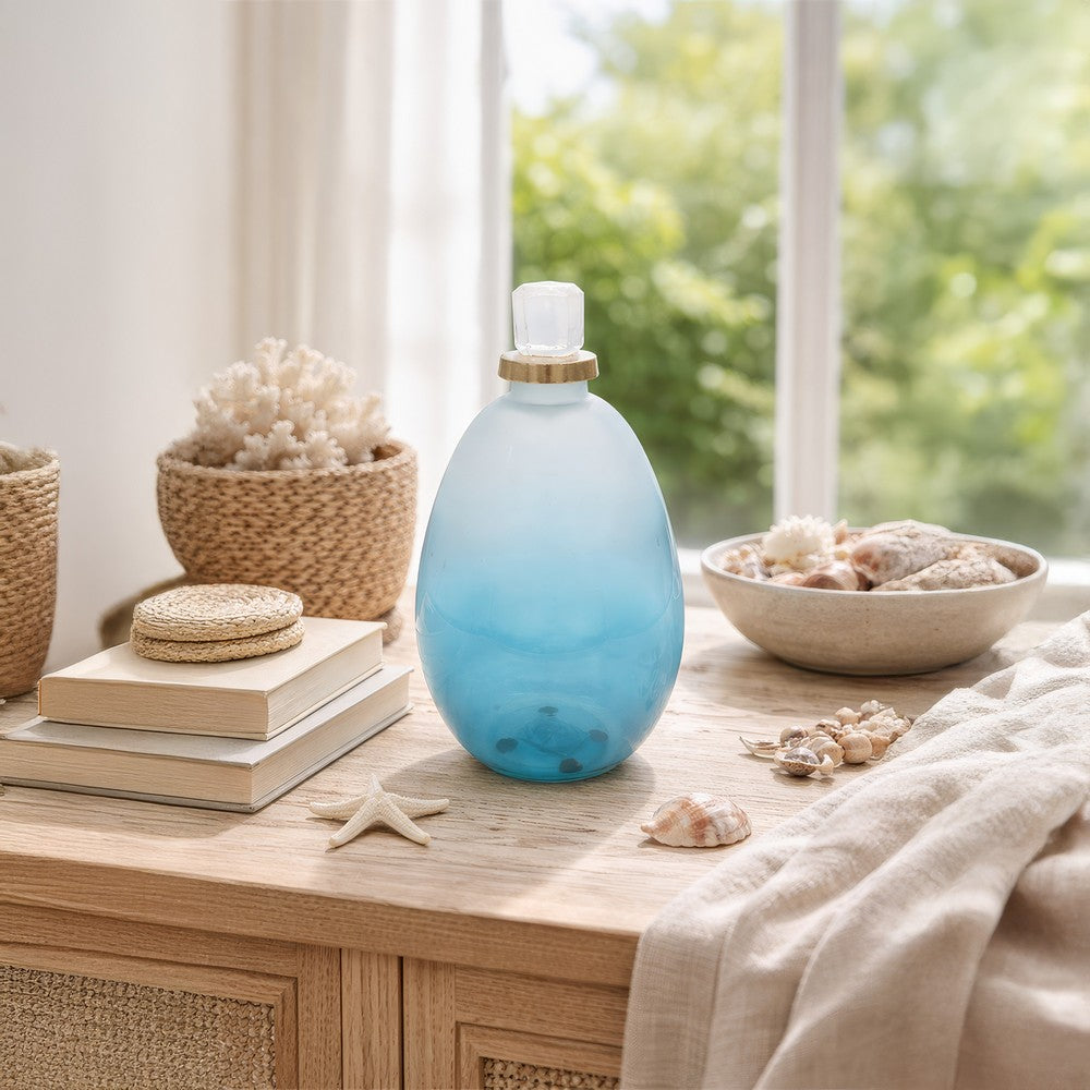 Ethan Decorative Bottle w Lid | Gold Metal Details | Blue-White Glass 15"
