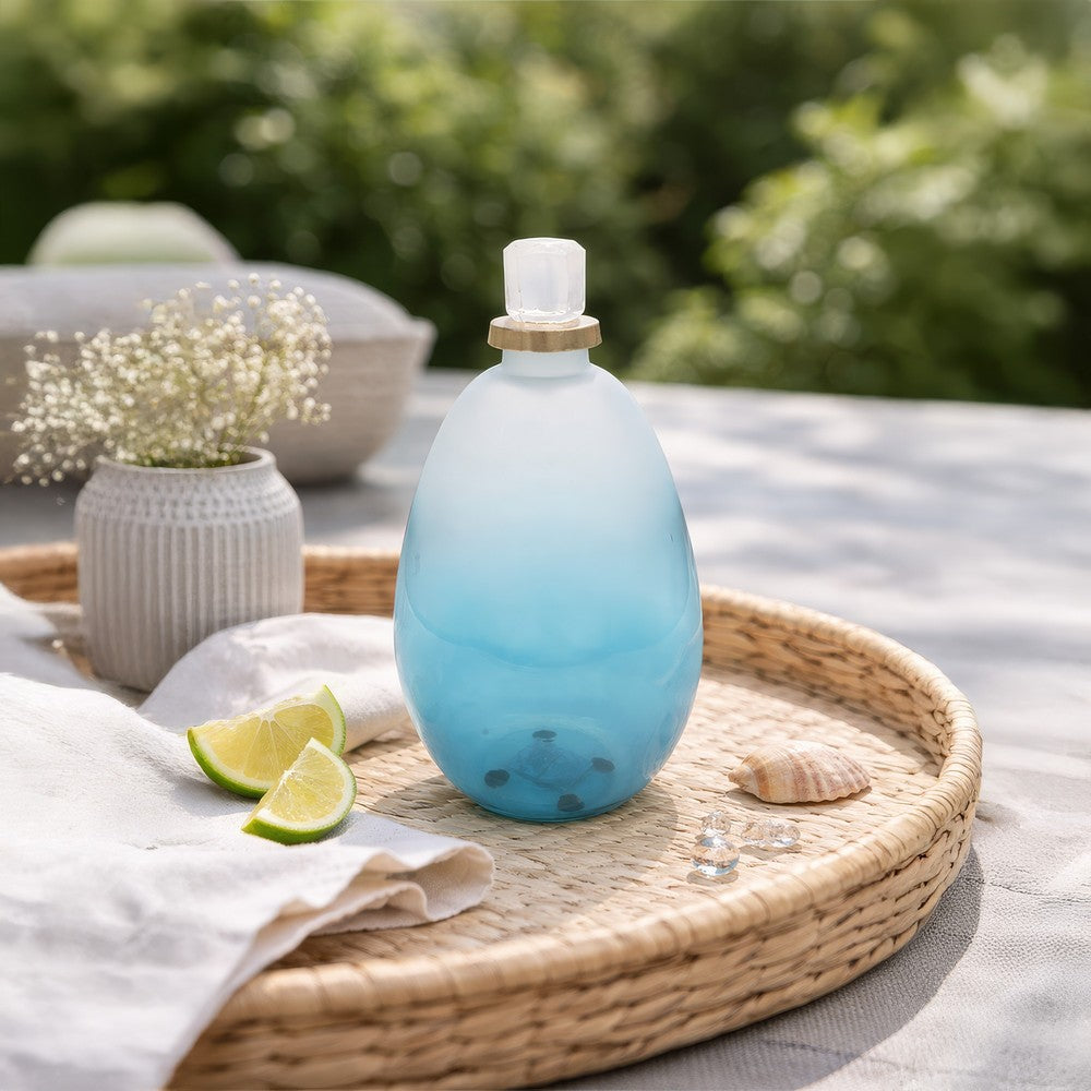 Ethan Decorative Bottle w Lid | Gold Metal Details | Blue-White Glass 15"