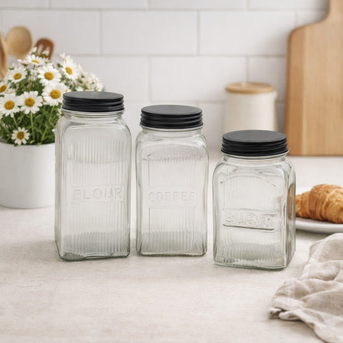 Daisy Vintage Decorative Jar Set of 3 | Ribbed Glass | Iron Lids 8 9 10"