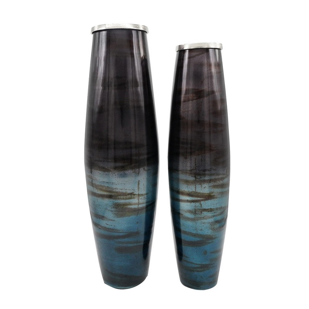 Viena Decorative Vase Set of 2 | Aluminum Rim | Layered Blue Glass 27"