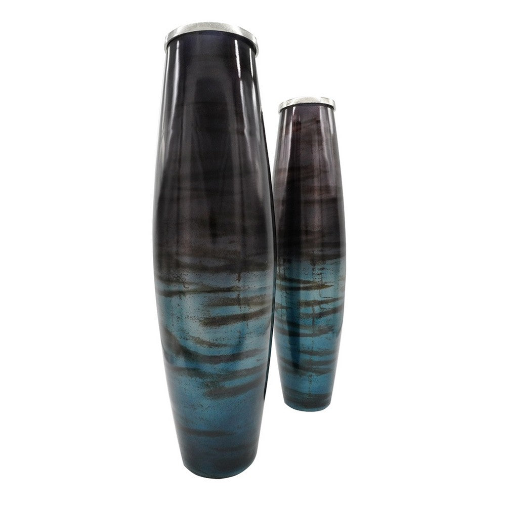 Viena Decorative Vase Set of 2 | Aluminum Rim | Layered Blue Glass 27"