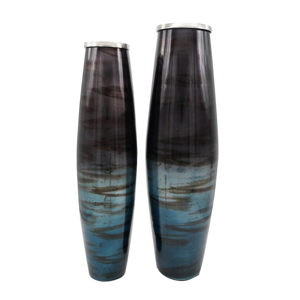 Viena Decorative Vase Set of 2 | Aluminum Rim | Layered Blue Glass 27"