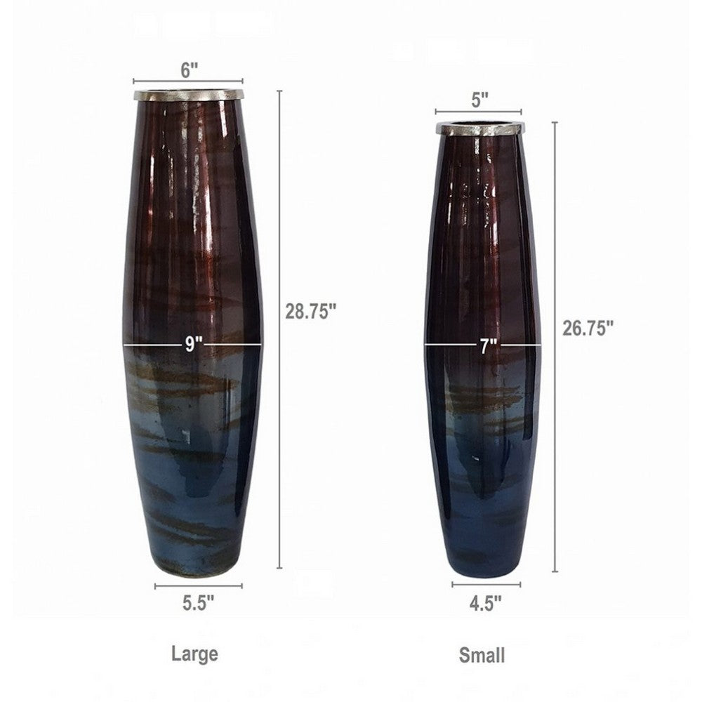 Viena Decorative Vase Set of 2 | Aluminum Rim | Layered Blue Glass 27"