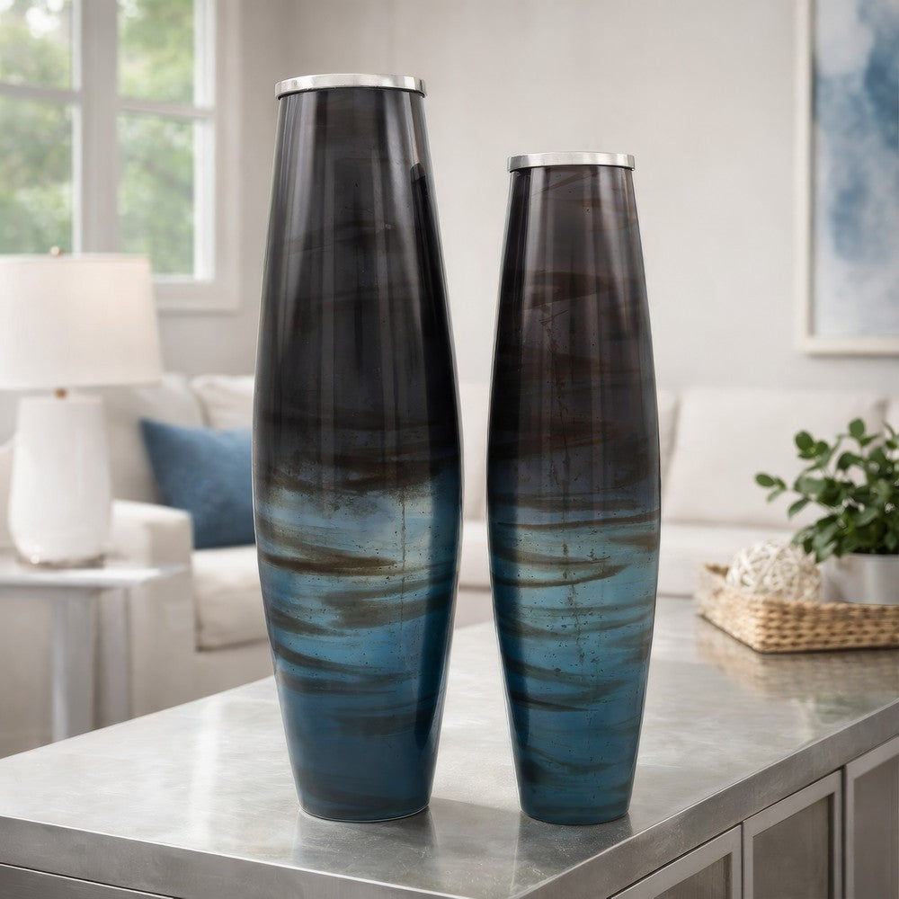 Viena Decorative Vase Set of 2 | Aluminum Rim | Layered Blue Glass 27"