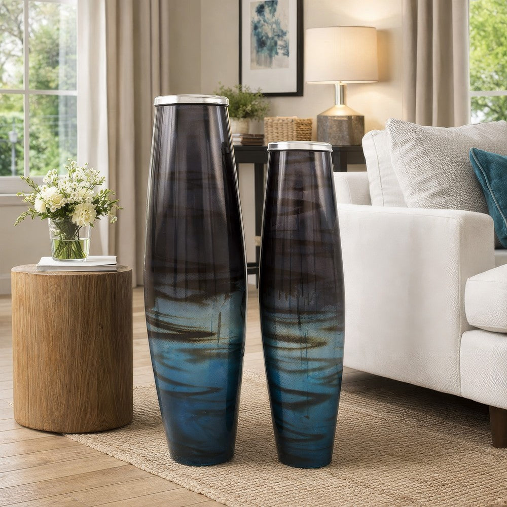 Viena Decorative Vase Set of 2 | Aluminum Rim | Layered Blue Glass 27"