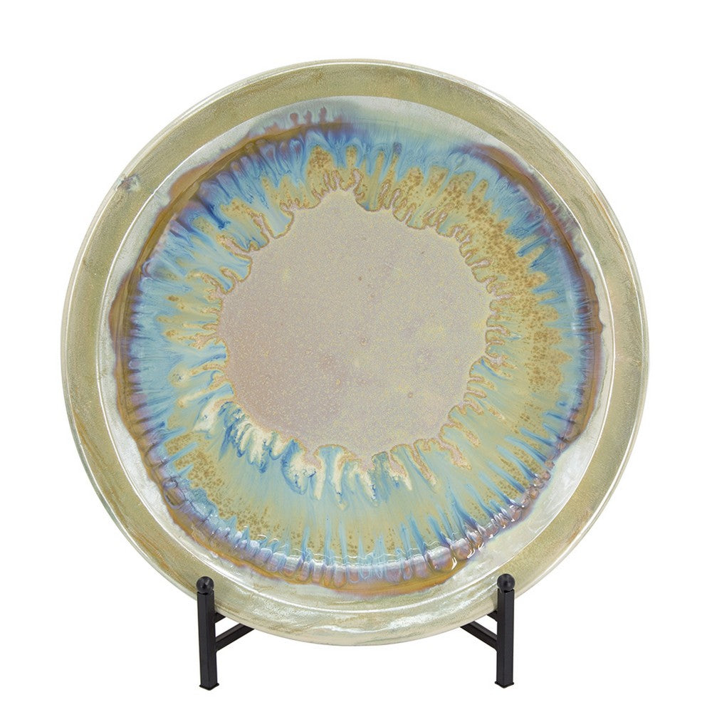 Duke Decorative Charger Plate w Stand | Organic Pattern Blue-Beige Ceramic 18"