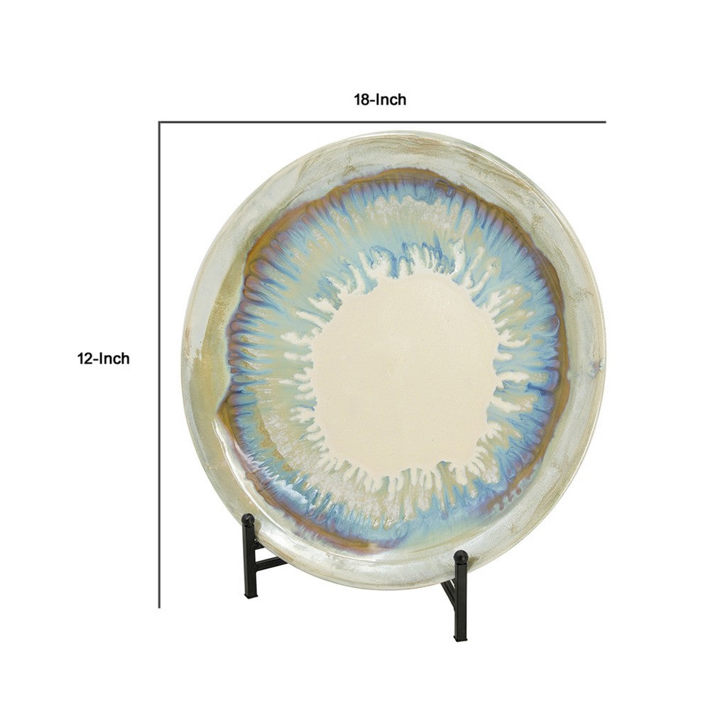 Duke Decorative Charger Plate w Stand | Organic Pattern Blue-Beige Ceramic 18"
