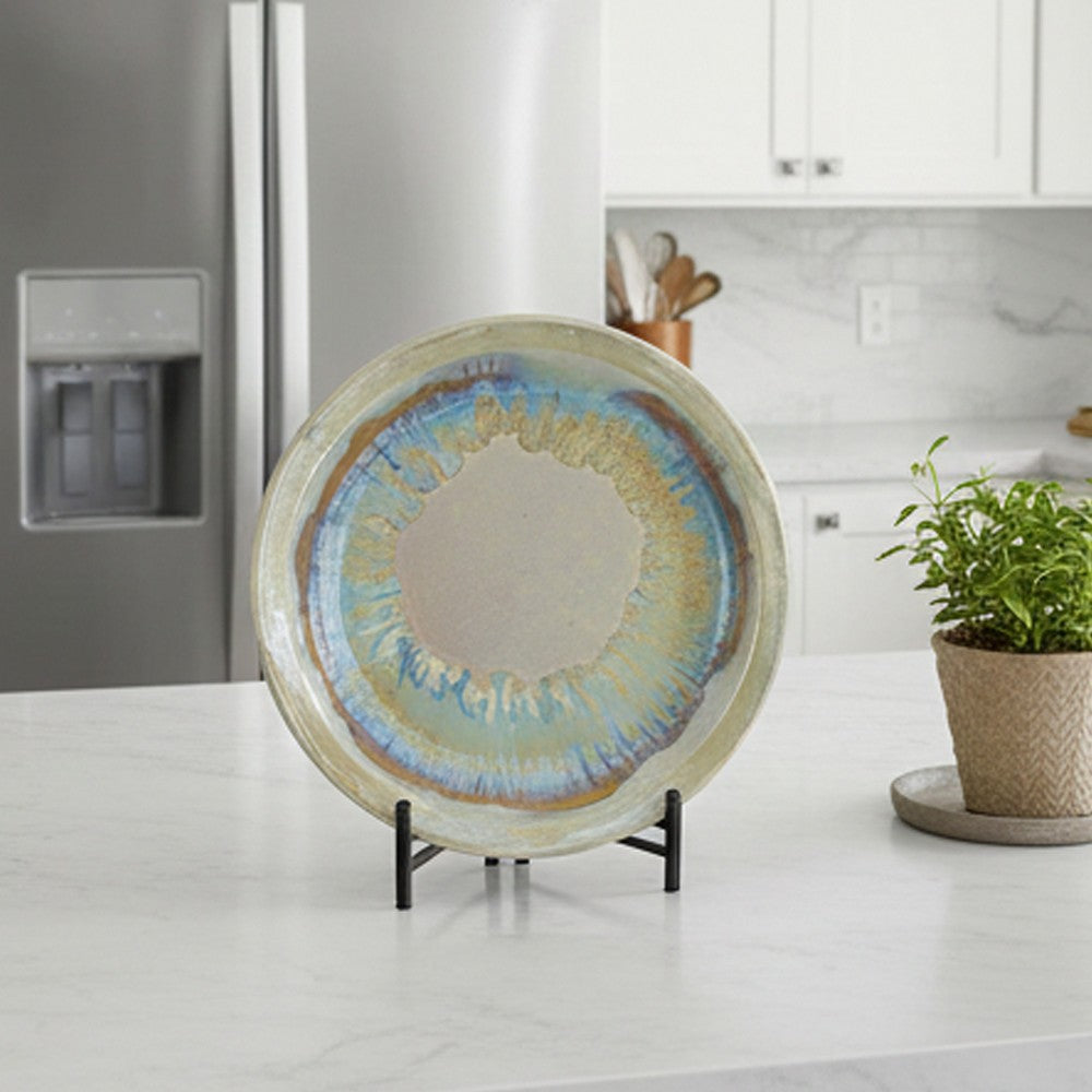Duke Decorative Charger Plate w Stand | Organic Pattern Blue-Beige Ceramic 18"