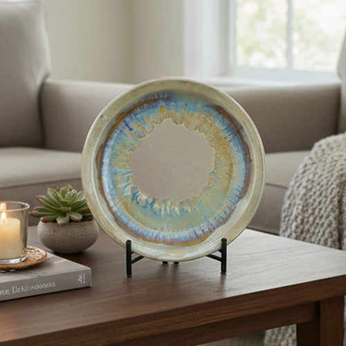 Duke Decorative Charger Plate w Stand | Organic Pattern Blue-Beige Ceramic 18"