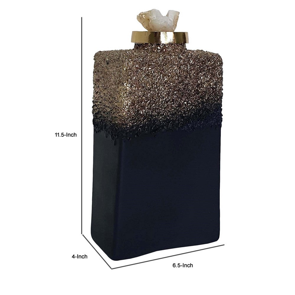 Sean Bottle w Zeolite Stone Lid | Black-Gray Glass | Gold Aluminum 12"