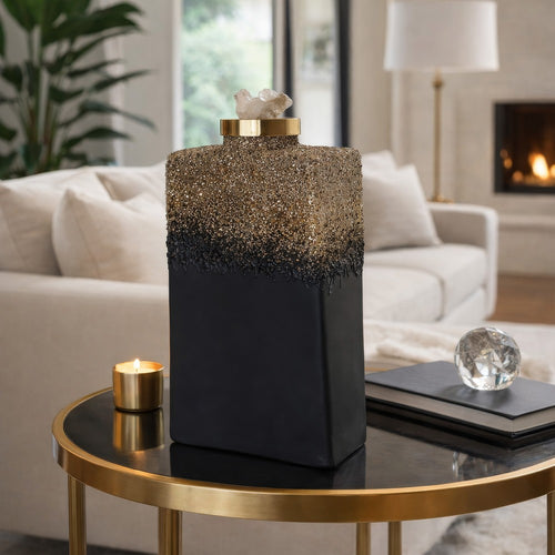 Sean Bottle w Zeolite Stone Lid | Black-Gray Glass | Gold Aluminum 12"