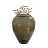 Abby Decorative Jar w Gold Aluminum-Brass Leaf Lid | Green Glass 14"