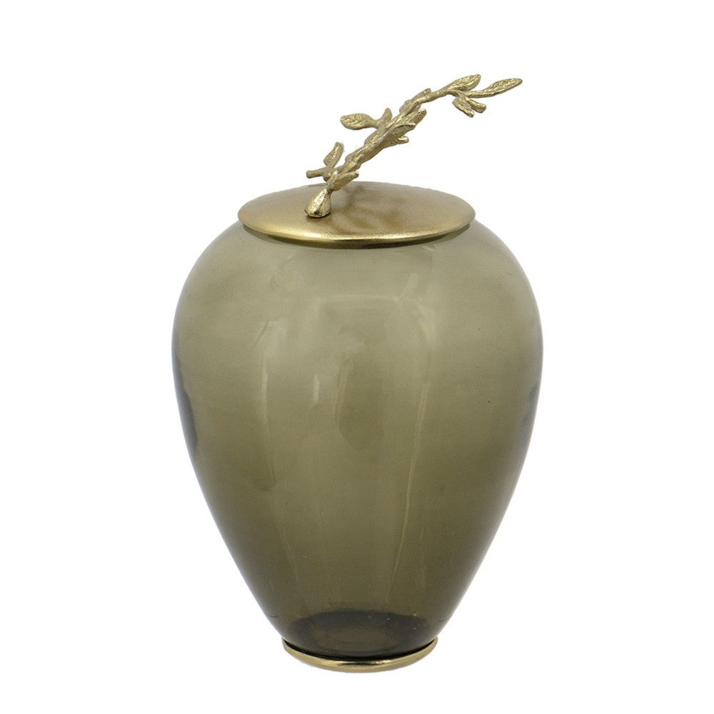 Abby Decorative Jar w Gold Aluminum-Brass Leaf Lid | Green Glass 14"