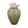 Abby Decorative Jar w Gold Aluminum-Brass Leaf Lid | Green Glass 14"