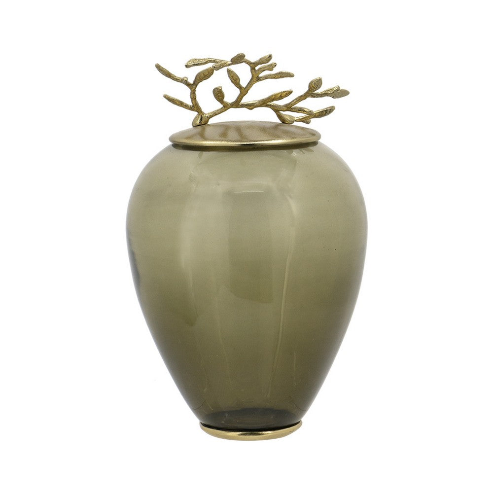 Abby Decorative Jar w Gold Aluminum-Brass Leaf Lid | Green Glass 14"