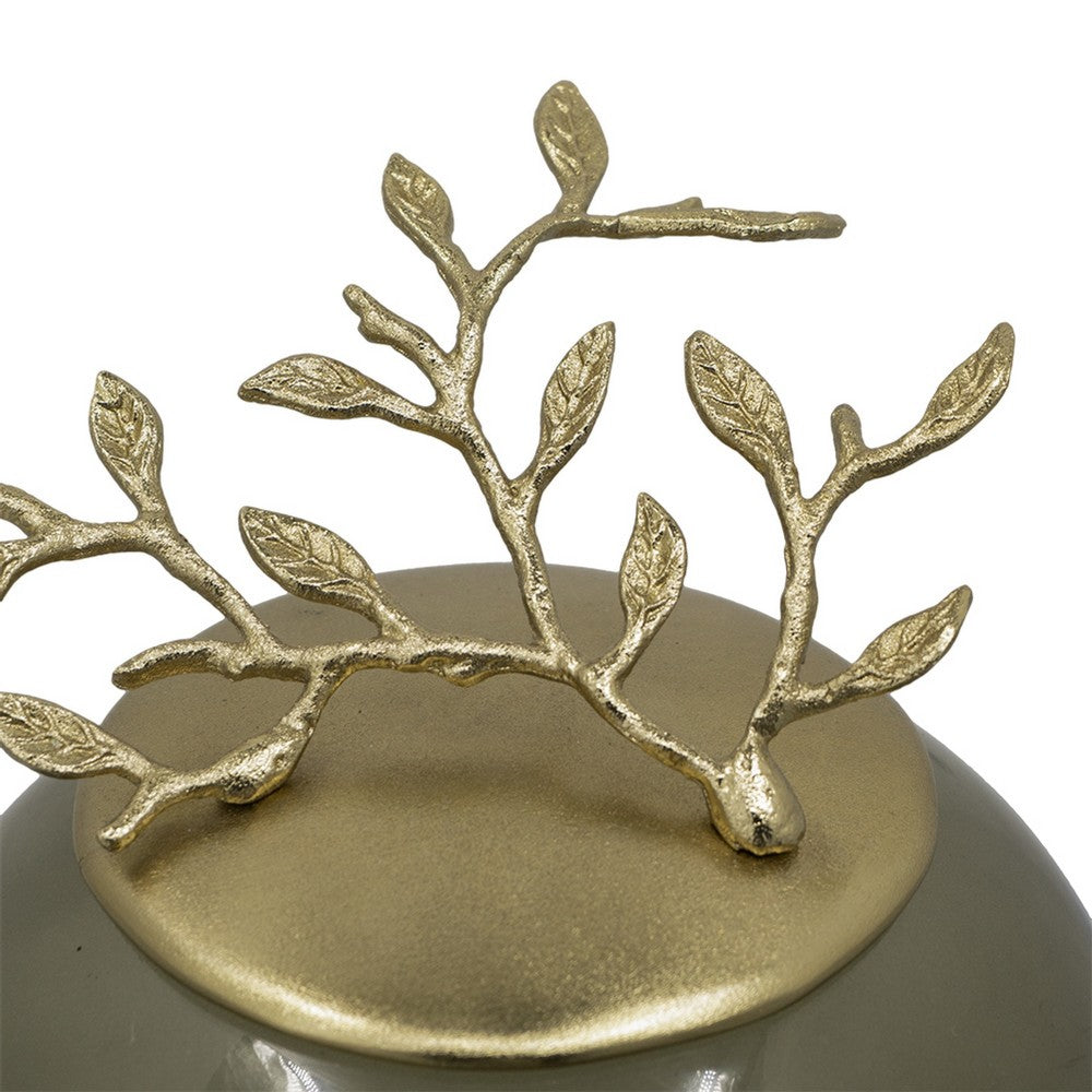 Abby Decorative Jar w Gold Aluminum-Brass Leaf Lid | Green Glass 14"
