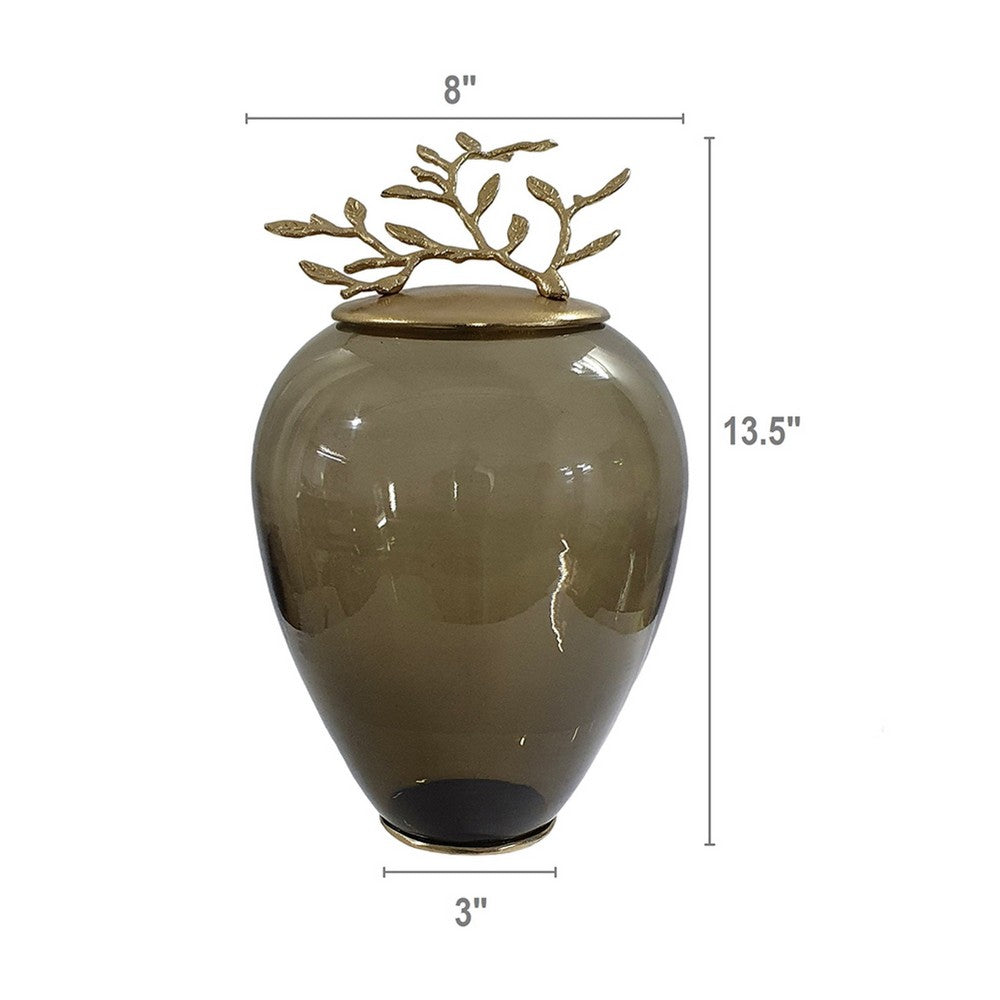 Abby Decorative Jar w Gold Aluminum-Brass Leaf Lid | Green Glass 14"