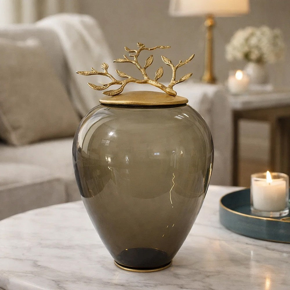 Abby Decorative Jar w Gold Aluminum-Brass Leaf Lid | Green Glass 14"