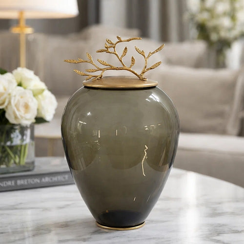 Abby Decorative Jar w Gold Aluminum-Brass Leaf Lid | Green Glass 14"