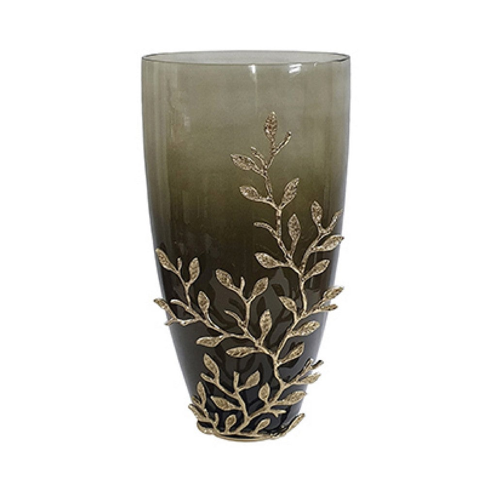 Keath Large Vase w Gold Capri Leaf Design | Brass | Green Glass 15"