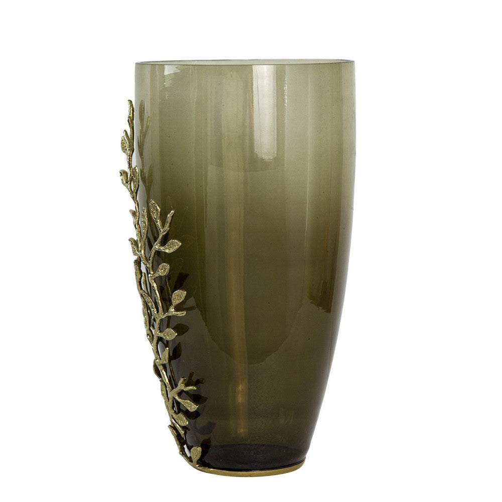 Keath Large Vase w Gold Capri Leaf Design | Brass | Green Glass 15"