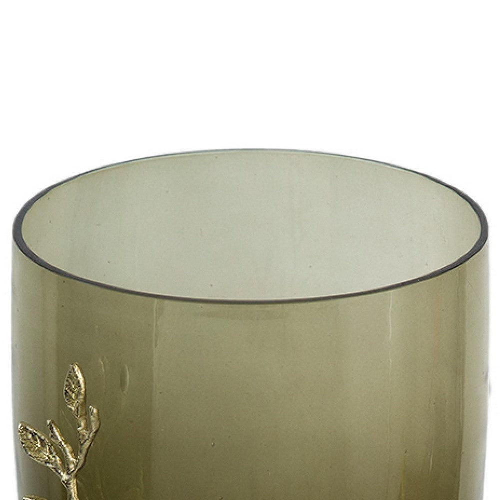 Keath Large Vase w Gold Capri Leaf Design | Brass | Green Glass 15"