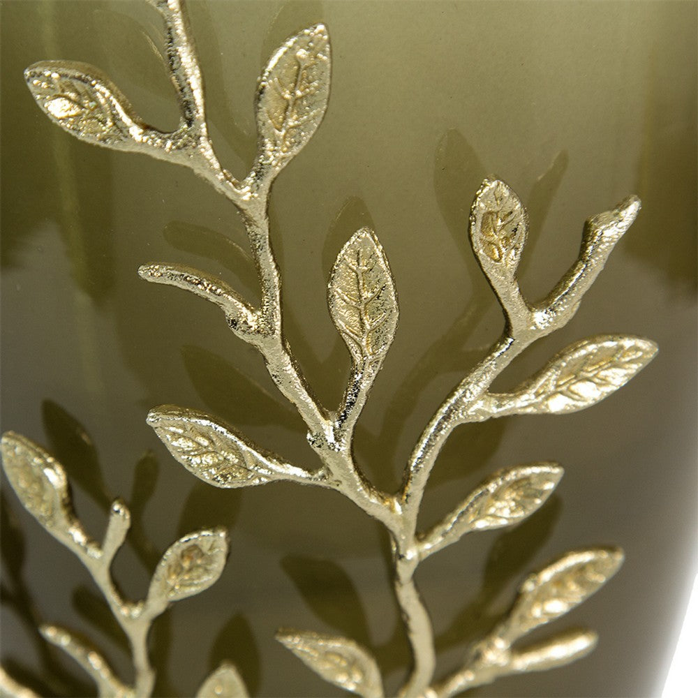 Keath Large Vase w Gold Capri Leaf Design | Brass | Green Glass 15"