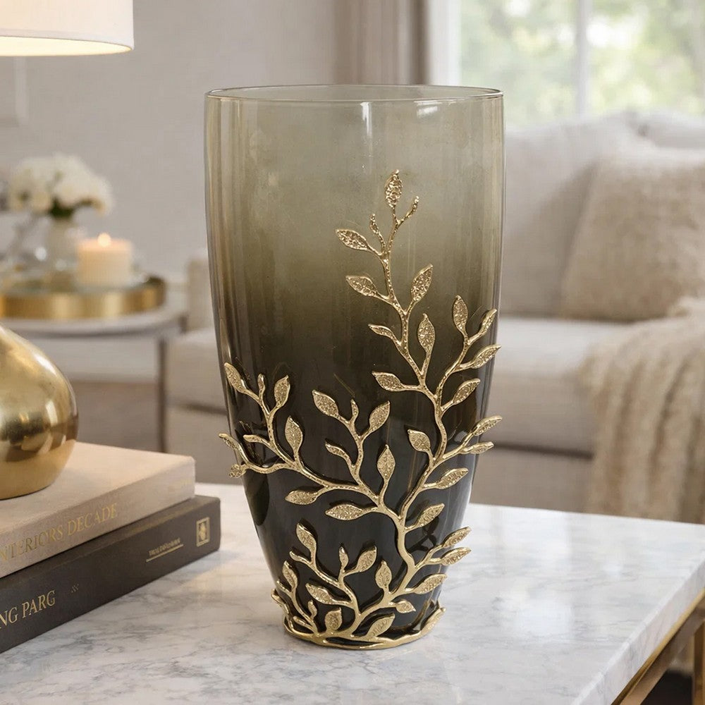 Keath Large Vase w Gold Capri Leaf Design | Brass | Green Glass 15"