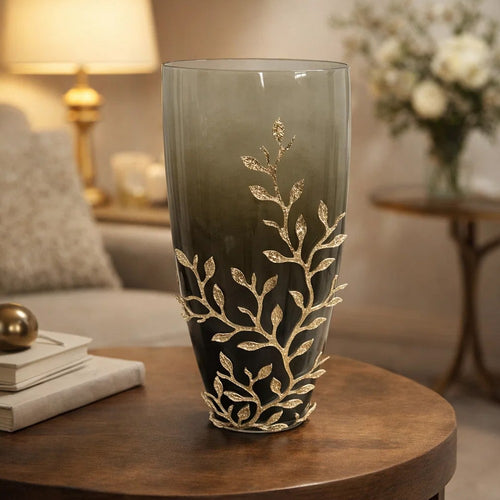Keath Large Vase w Gold Capri Leaf Design | Brass | Green Glass 15"