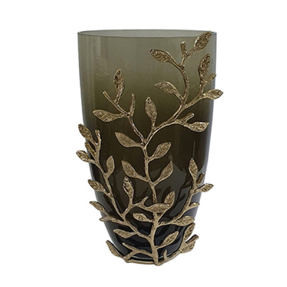 Keath Small Vase w Gold Capri Leaf Design | Brass | Green Glass 11"