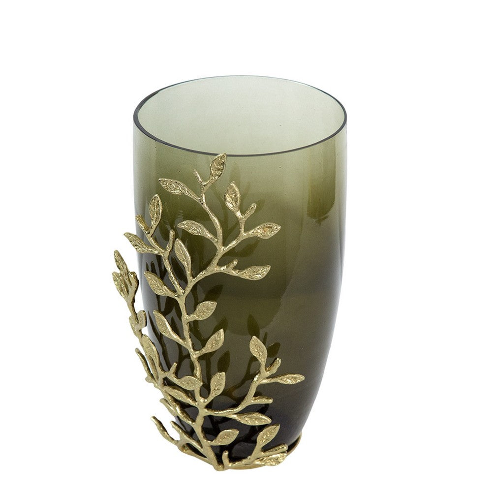 Keath Small Vase w Gold Capri Leaf Design | Brass | Green Glass 11"