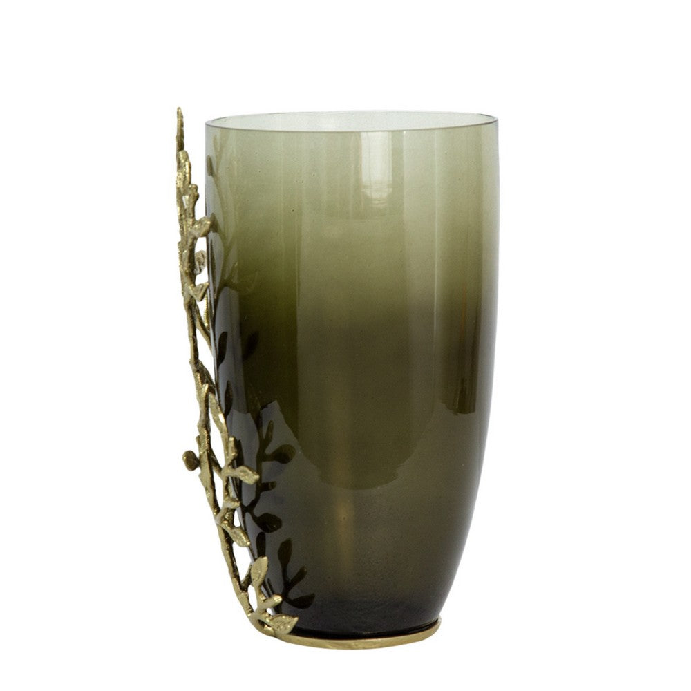 Keath Small Vase w Gold Capri Leaf Design | Brass | Green Glass 11"