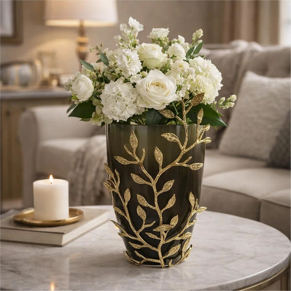 Keath Small Vase w Gold Capri Leaf Design | Brass | Green Glass 11"