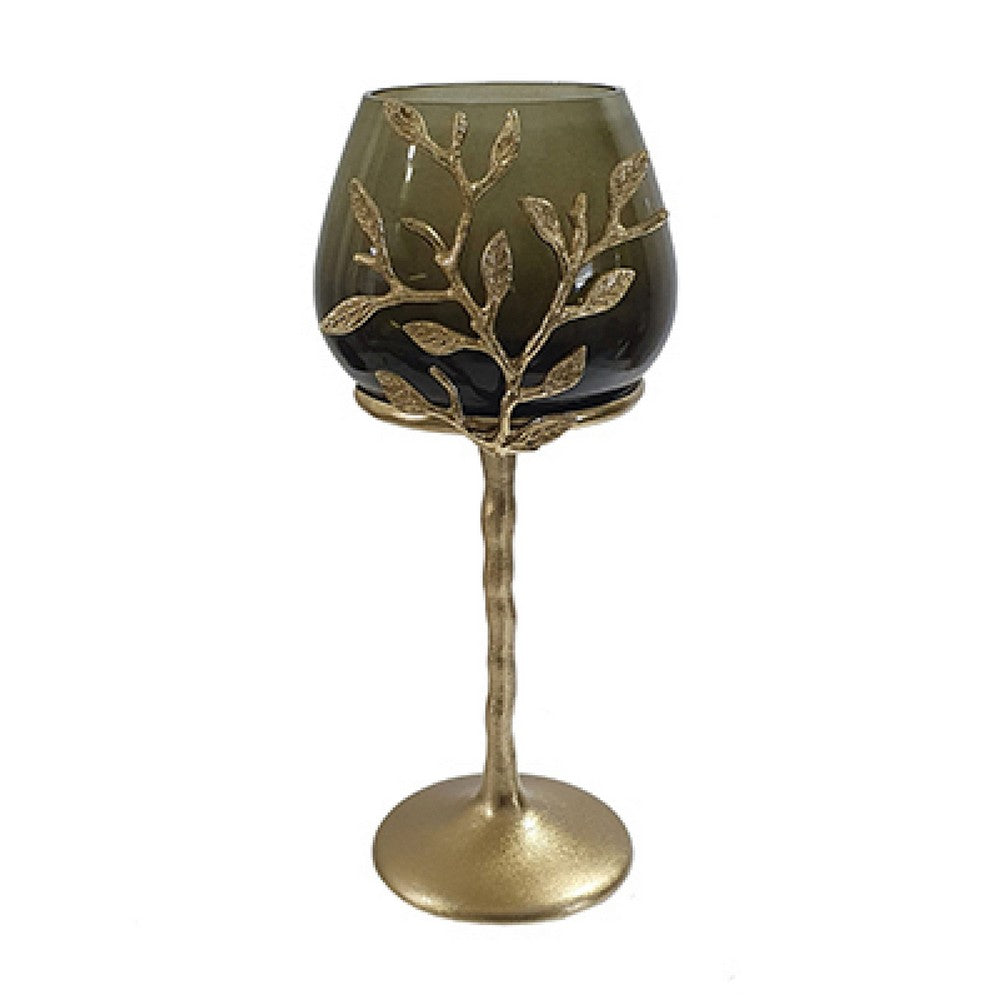 Keanu Small Candle Holder | Gold Capri Leaf Brass | Green Glass 13"