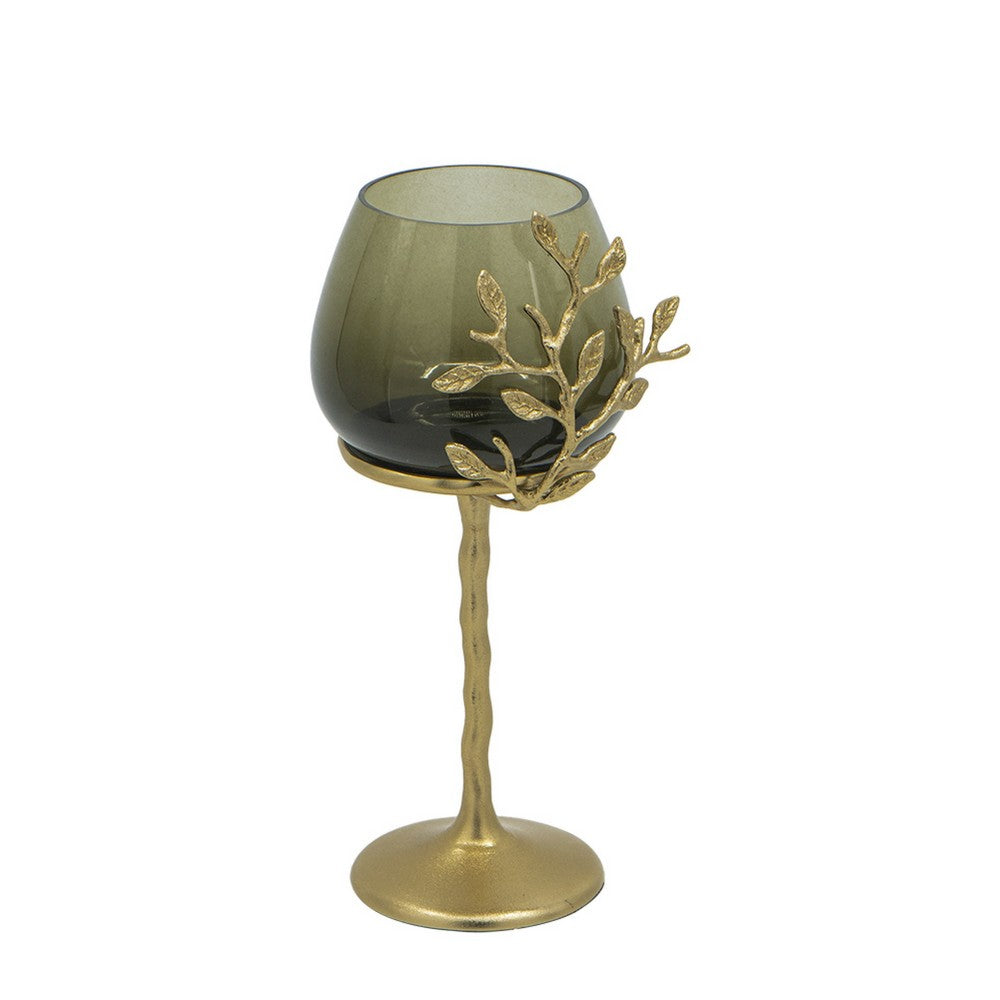 Keanu Small Candle Holder | Gold Capri Leaf Brass | Green Glass 13"