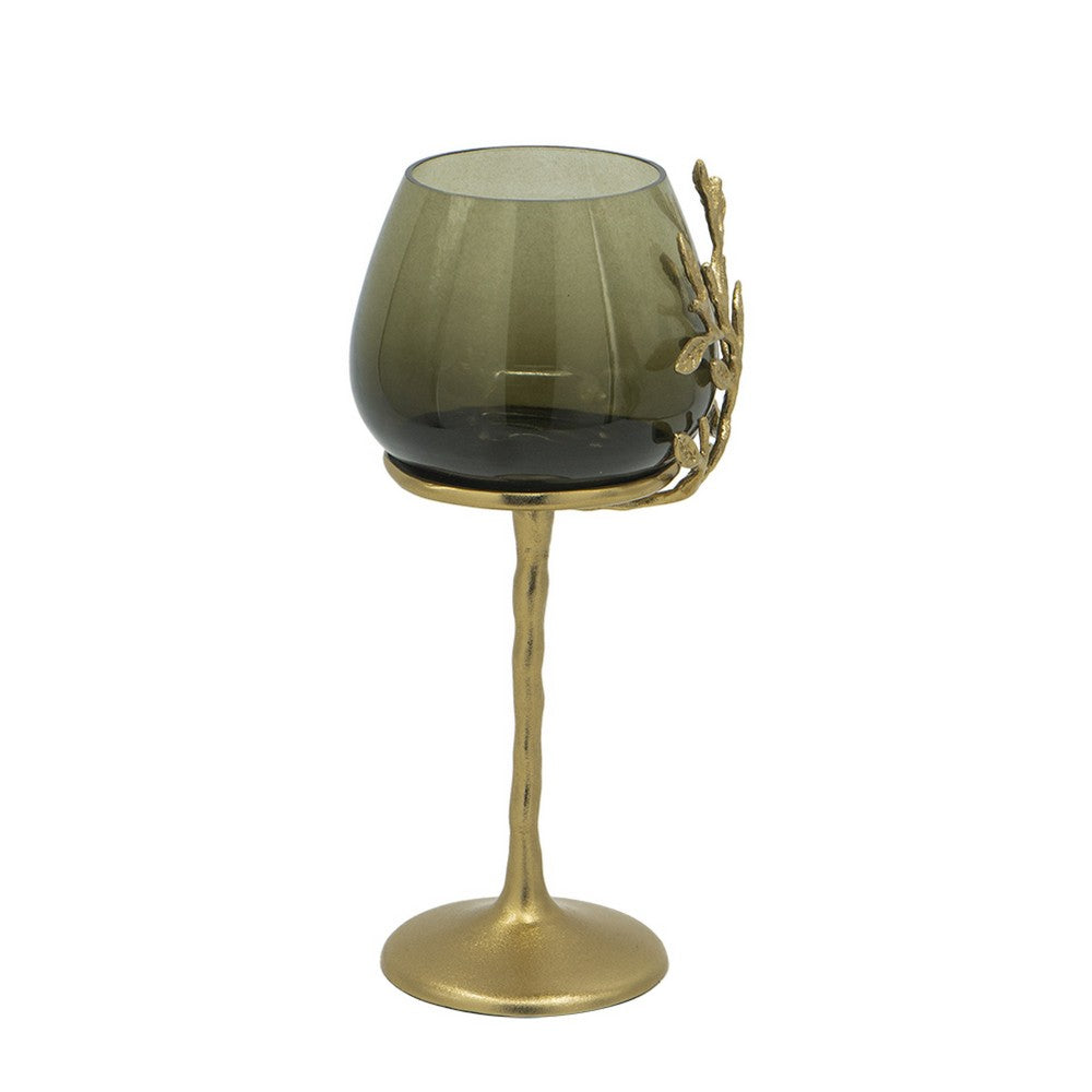 Keanu Small Candle Holder | Gold Capri Leaf Brass | Green Glass 13"