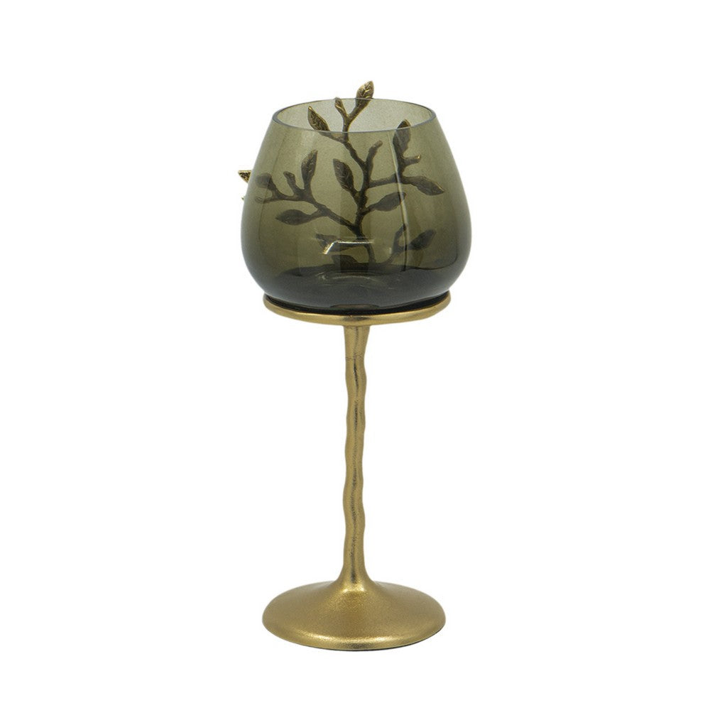 Keanu Small Candle Holder | Gold Capri Leaf Brass | Green Glass 13"