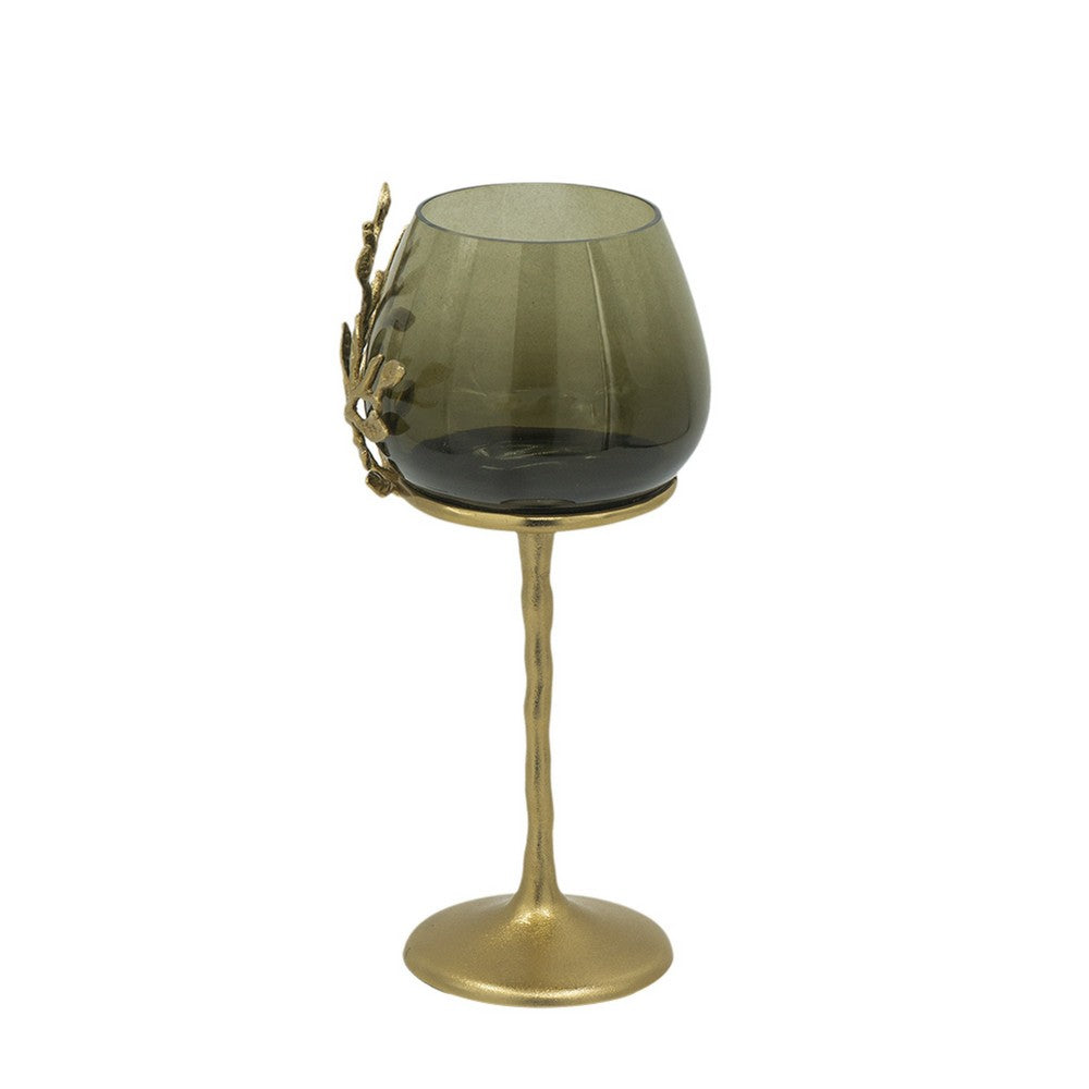 Keanu Small Candle Holder | Gold Capri Leaf Brass | Green Glass 13"