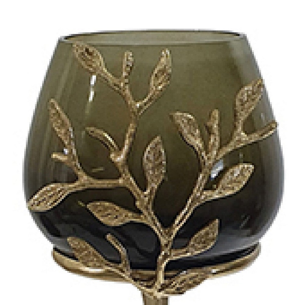 Keanu Small Candle Holder | Gold Capri Leaf Brass | Green Glass 13"