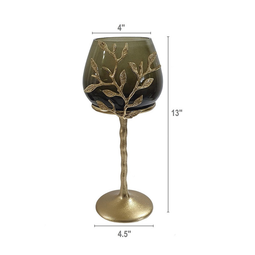 Keanu Small Candle Holder | Gold Capri Leaf Brass | Green Glass 13"