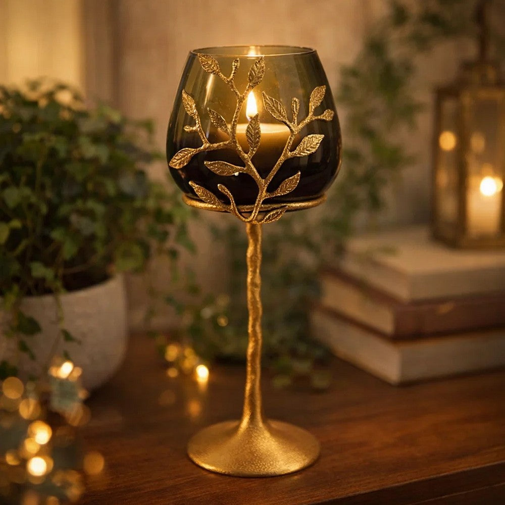 Keanu Small Candle Holder | Gold Capri Leaf Brass | Green Glass 13"