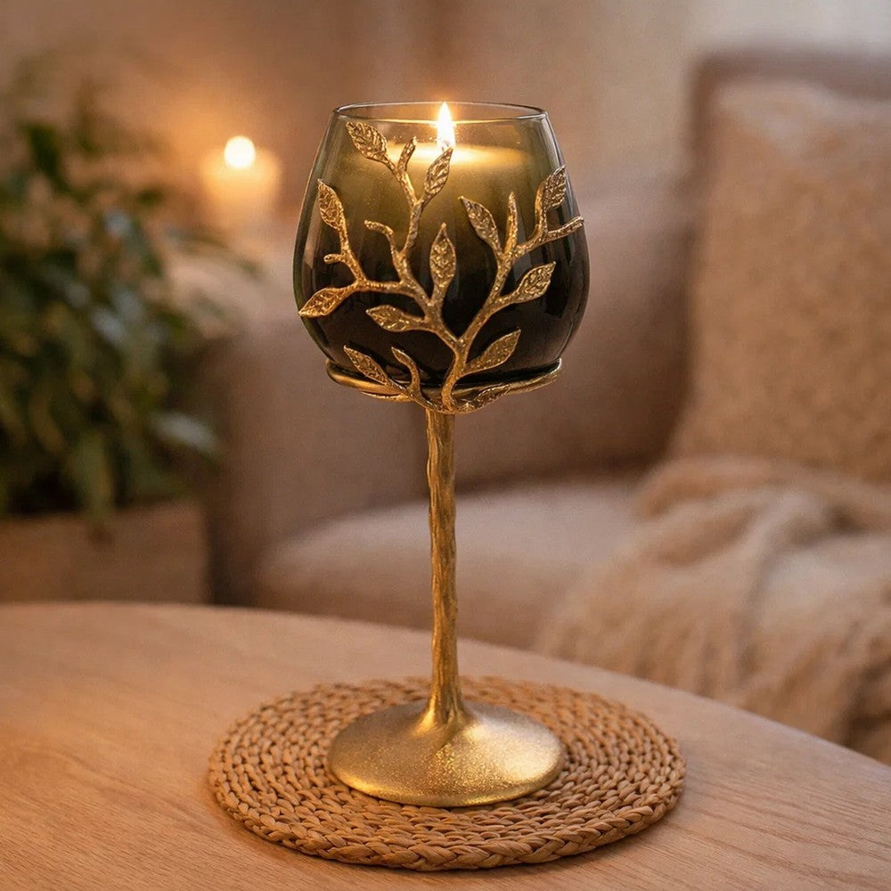 Keanu Small Candle Holder | Gold Capri Leaf Brass | Green Glass 13"