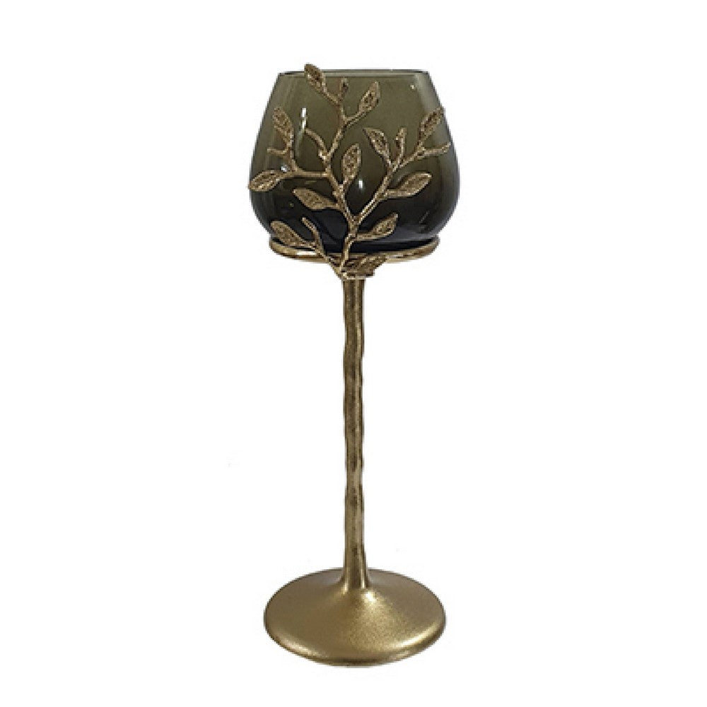 Keanu Large Candle Holder | Gold Capri Leaf Brass | Green Glass 16"