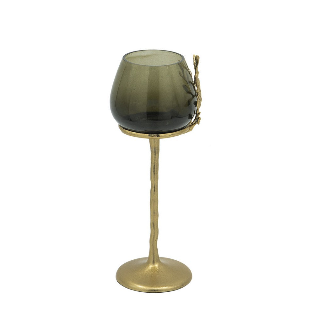 Keanu Large Candle Holder | Gold Capri Leaf Brass | Green Glass 16"