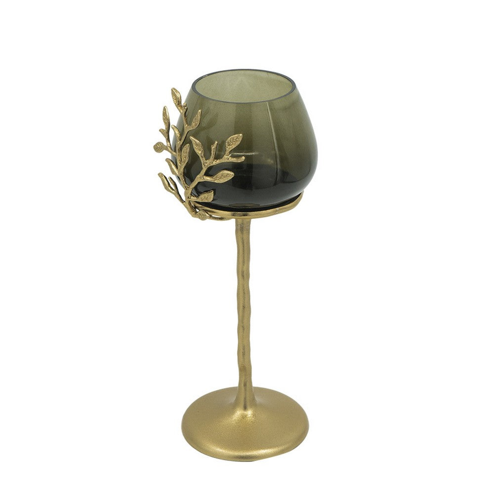 Keanu Large Candle Holder | Gold Capri Leaf Brass | Green Glass 16"