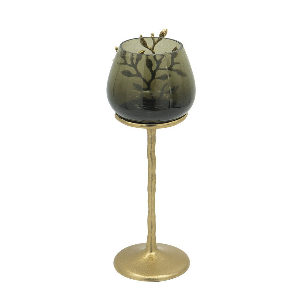 Keanu Large Candle Holder | Gold Capri Leaf Brass | Green Glass 16"
