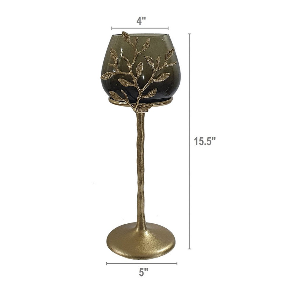 Keanu Large Candle Holder | Gold Capri Leaf Brass | Green Glass 16"