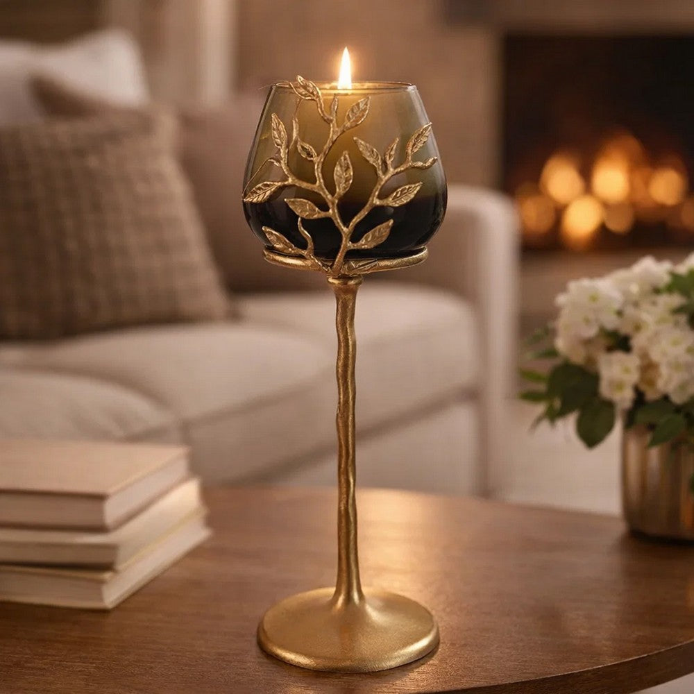 Keanu Large Candle Holder | Gold Capri Leaf Brass | Green Glass 16"