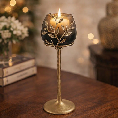 Keanu Large Candle Holder | Gold Capri Leaf Brass | Green Glass 16"