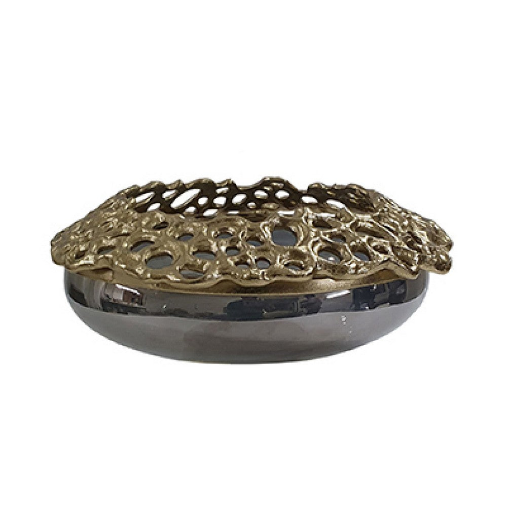 Brian Decorative Bowl w Gold Aluminum Sculpted Lid | Black Glass 12"